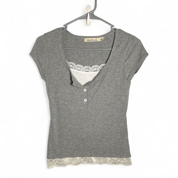 Liberty Love Gray Henley Tee with Lace Trim - Picture 1 of 2